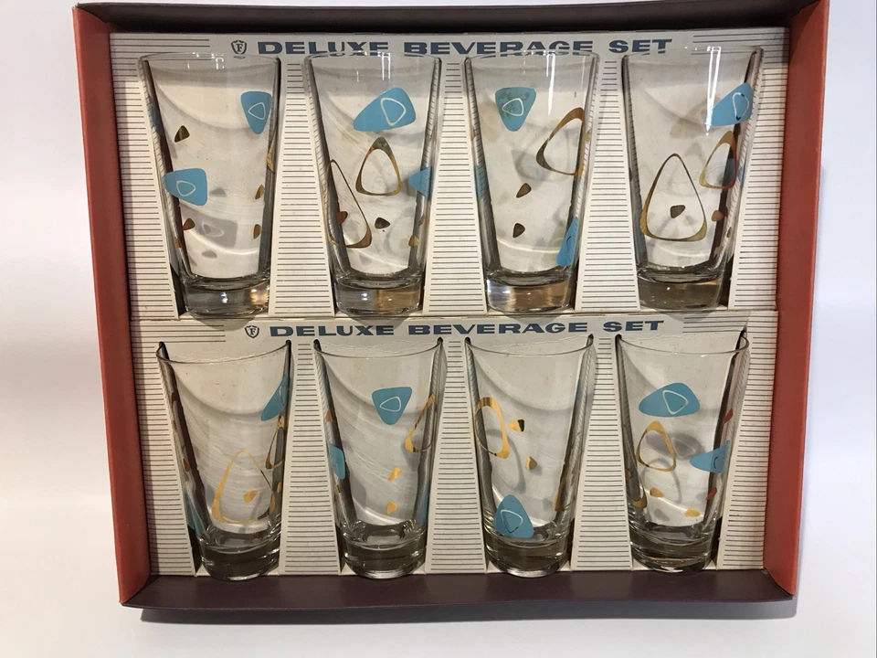 Juego de bebidas MCM Federal Glass Capri S-132 en caja años 50 turquesa atómica dorado Foto 3 de 4