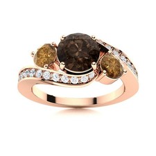 925 Sterling Silver Rose Plated Three Stone Round Smoky Quartz  Brown Cz Ring