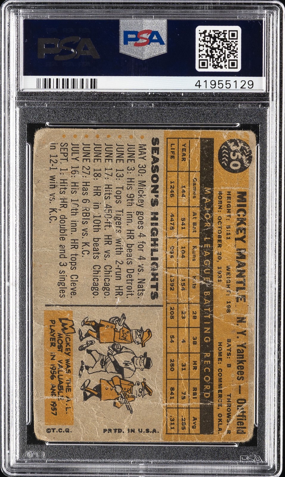 1960 TOPPS #350 MICKEY MANTLE PSA 1 view 2