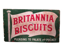 Vintage Britannia Biscuits Enamel Sign 36x12" Advertising Board Porcelain Old