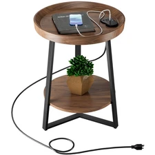 Round End Table with Charging Station, USB Ports, Wood Tabletop & Black Metal...