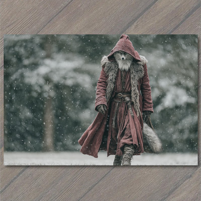 Art Print Fox Cloaked Wanderer Red Hood Snow Forest Winter Fantasy Christmas