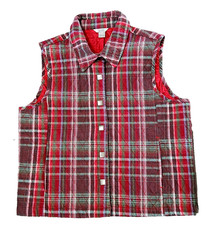 CHRISTOPHER  BANKS Sz L Red Tartan Plaid Diamond Quilted Vest Snaps Pockets