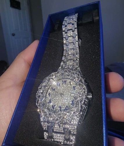 Men’s Quartz Iced Out Moissanite Stone Watch - Diamond Encrusted Strap - Picture 3 of 3