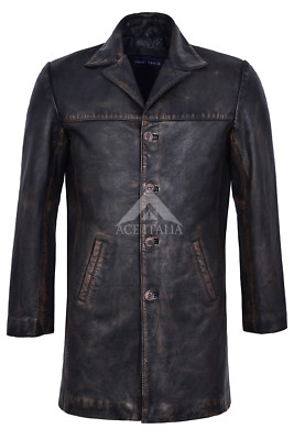 Mens Leather Coat Vintage Black Bronze Knee Length Button Closure Blazer 3476-B