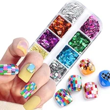 Holographic Nail Glitter Flakes, 12 Colors Rectangle Sparkly Nail Square