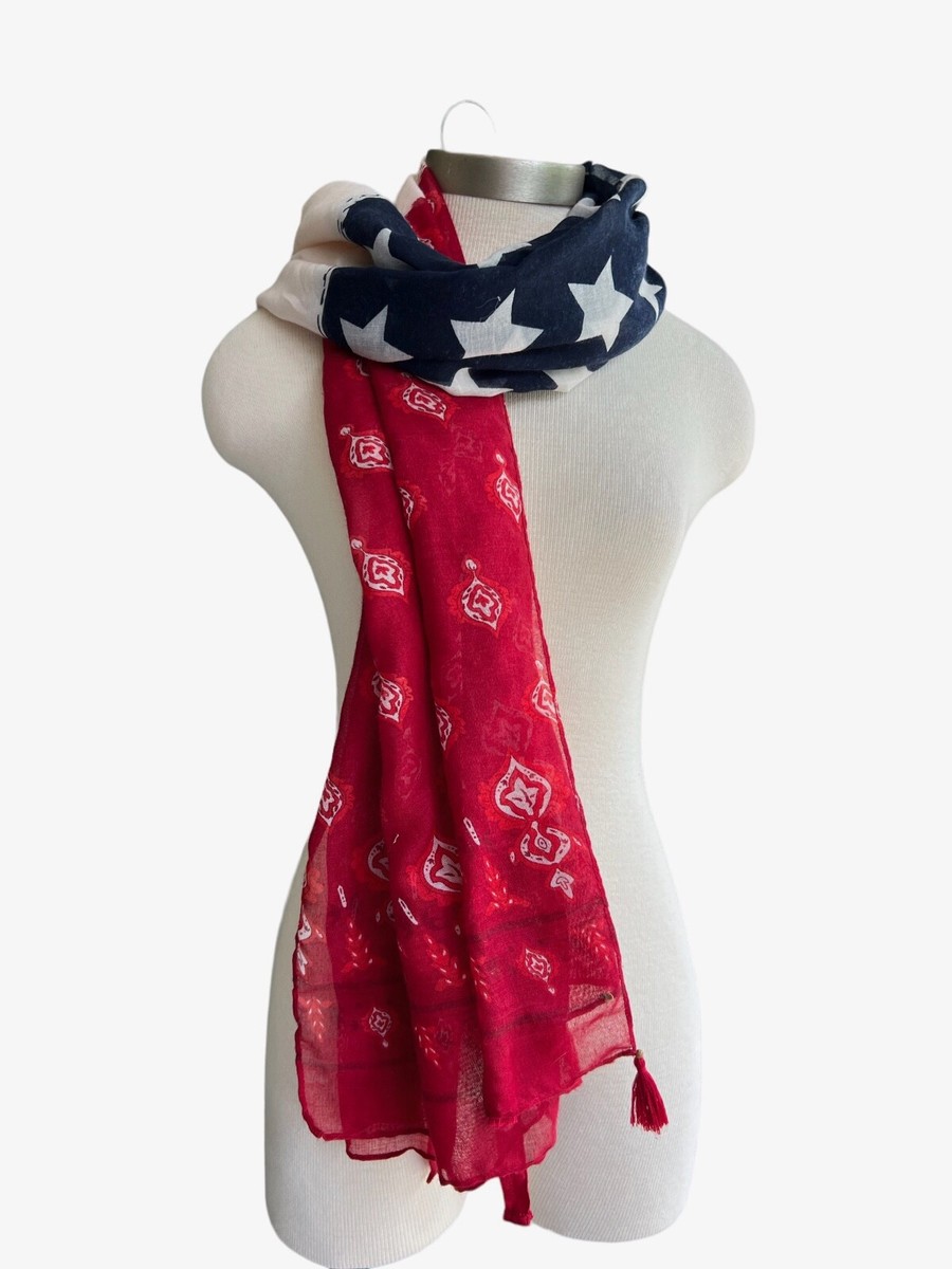 American Flag Pattern Neck Scarf Wrap Poncho Sheer Tied Front Patriotic  Unisex