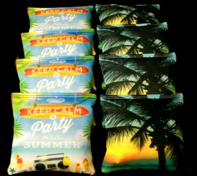 PARTY ALL SUMMER KEEP CALM PALM TREES 8 ACA Reg Cornhole Bean Bags #728