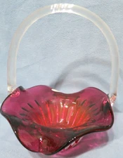 Fenton International Art Glass Basket Dark Pink Cranberry Ribbed Pattern 8" Tall