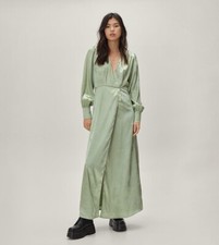 Nasty Gal Jacquard Long Sleeve Maxi Dress Sage UK 10