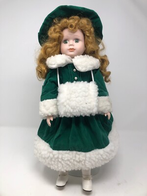 PORCELAIN DOLL 15'' WINTER CHRISTMAS GREEN DRESS - PRE-OWNED