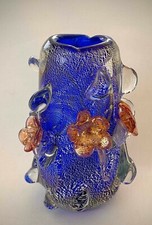 Vintage Murano Art Glass Blue Vase with Gold Specks and Applied Flowers