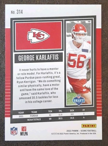 GEORGE KARLAFTIS RC 2022 Panini Score #314 Rookie Gold Kansas City Chiefs. C2C - Foto 2 di 3