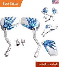 Pair of Distinctive Skeleton Hand Motorcycle Rearview Mirrors 8mm 10mm Blue