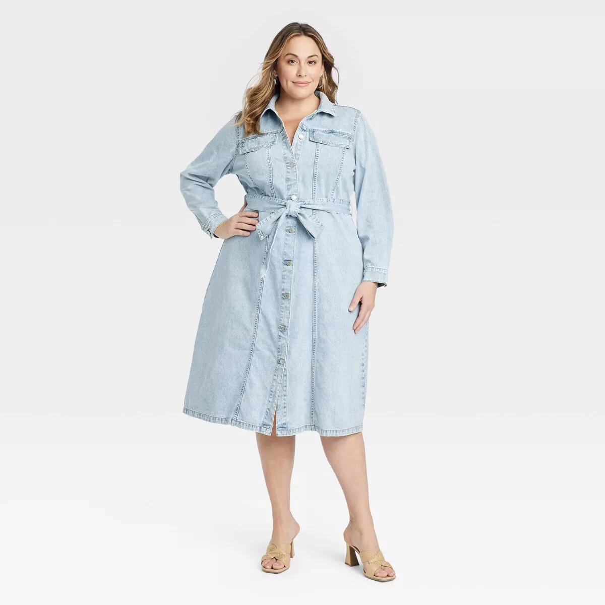 New Women's Long Sleeve Denim Shirtdress - Ava & Viv Light Wash Size 2X