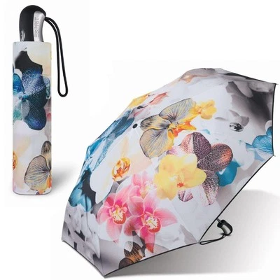 ESPRIT Damen-Regenschirm Auf-Zu-Automatik, Taschen-Schirm Kurz, Blumen Orchideen
