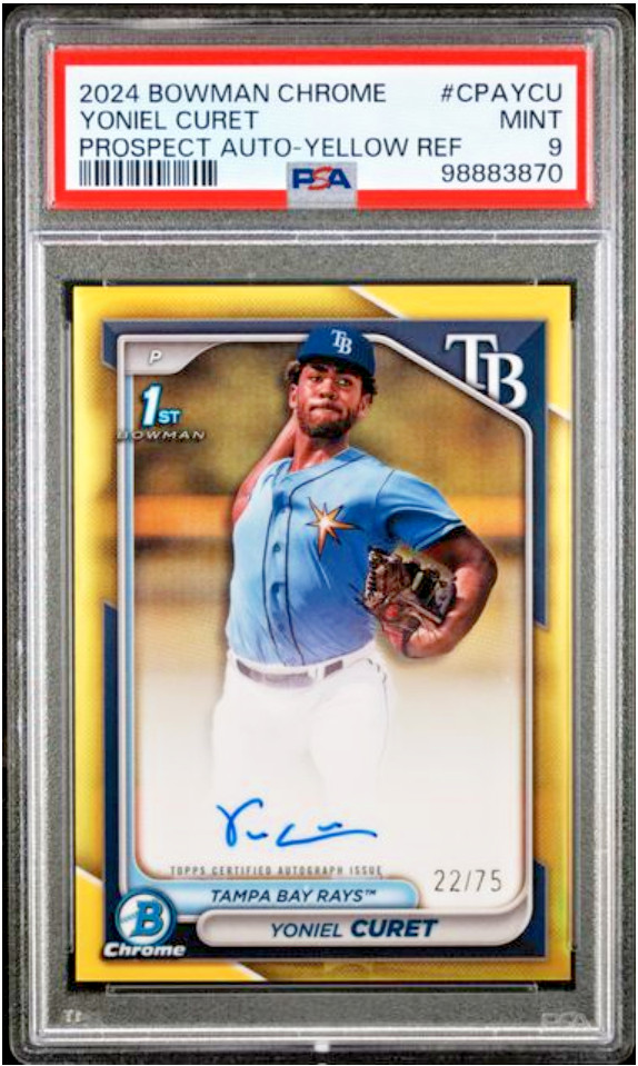 2024 Bowman Chrome Yoniel Curet Yellow Refractor Auto 22/75 #CPAYCU PSA 9 Rays