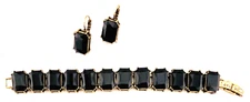 “Chloe & Isabel” Black Faceted Emerald Cut Glass Earrings & Bracelet 7 in. 