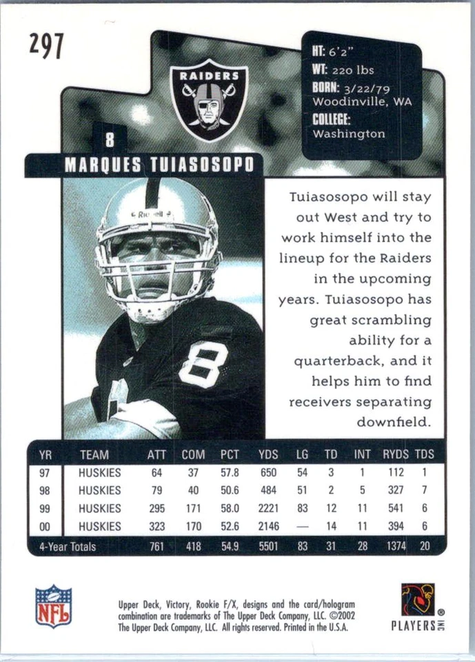 2001 Upper Deck Rookie F/X #297 Marques Tuiasosopo #/750 - Image 2 of 2