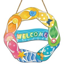 Summer Decorations Colorful Flip Flop Slippers Welcome Wooden Hanging Sign Gift