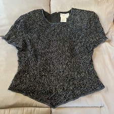 Papell Boutique Evening Top Beaded Large Short Sleeve Back Zip Shoulder Pads Blk
