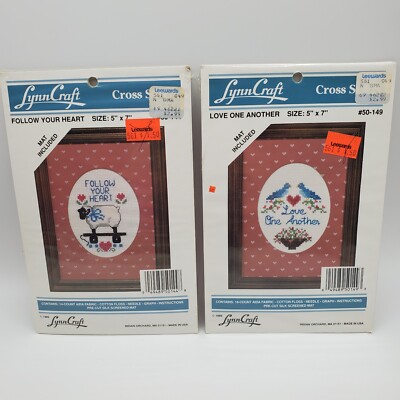 Lynn Craft Follow Your Heart & Love One Another Cross Stitch From 1989 5x7 2 Lot