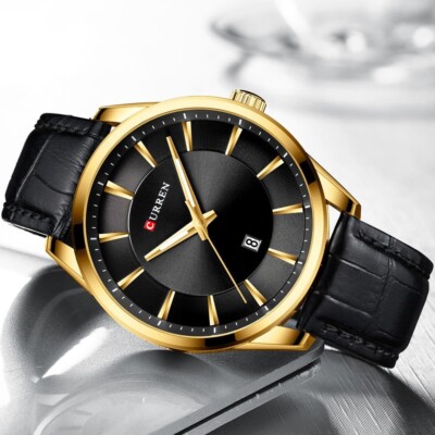 Armbanduhr Curren 8365 Herren Analog Quarz Luxus Leder Schwarz Gold lac