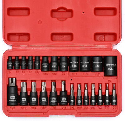 25 Piece Torx Bit, Socket Set, 13 Star Bits (T8- T60) 12 E-Torx Sockets (E4-E22)