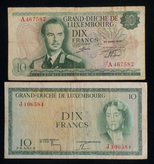 Luxembourg 2 different 10 Francs Banknotes. (1954 & 1967). Pick #'s; 48 & 53.