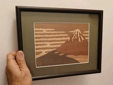 Japan Art Marquetry Wood Inlay Red Mt Fuji Read Description