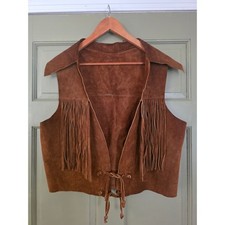 Vintage Brown Suede Leather Fringe Vest Western Boho Lace Up Cropped Hand Made
