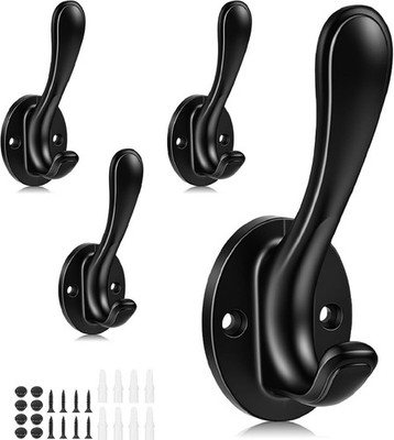 Versatile Heavy Duty Black Wall Hooks - 4-Pack, Rust Resistant Aluminum Alloy