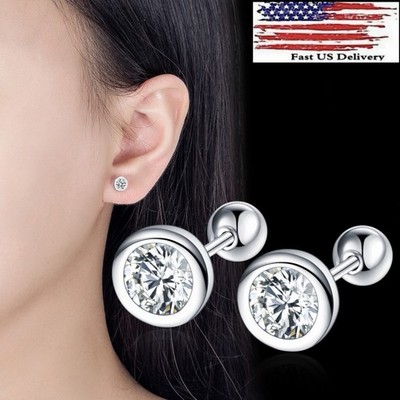 STERLING SILVER Tiny 6mm Round Bezel CZ SCREW BACK STUD EARRINGS Gift B48