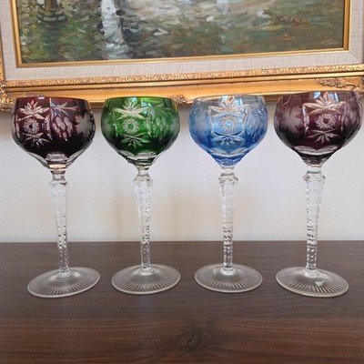 Nachtmann Multicolor Crystal Cut 8.25'' Tall Hock Wine Glasses Set 4 Vtg
