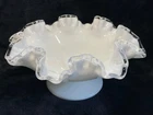 Vtg Fenton Milk Glass Silver Crest Double Crimped Ruffled Pedestal Compote/Bowl