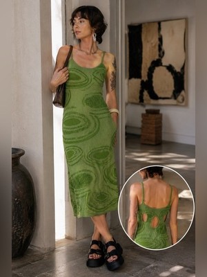 house of sunny green dress Swirl Knit Midi Cut Out Back Y2K Size 4 Galaxy hockney dress