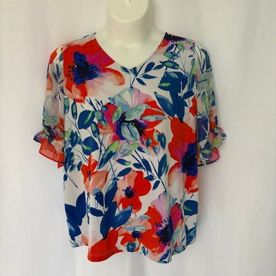 SUSAN GRAVER Sz 1X Red Blue Floral Liquid Knit Top with Chiffon Sleeves