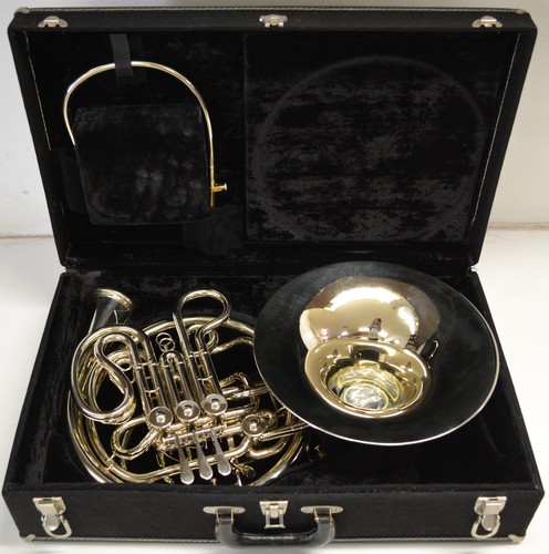 USED ED KRUSPE SOLID NICKEL DOUBLE FRENCH HORN, DETACHABLE BELL, 2 LEADPIPES