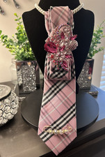 Pink, Black White Plaid Women's NeckTie with Decorative Brooch Pearls