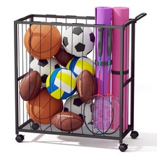 Ball Storage Bin Rolling Sports Ball Cart, Metal Garage Organizer Sport Rack,...