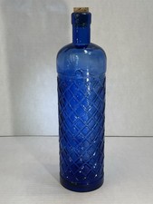 Blue Glass Decorative Bottle w/ Stopper Textured Diamond Pattern 11.5 in