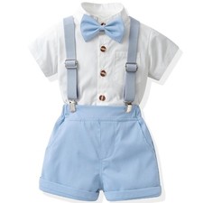 Toddler Formal Outfit Kid Gentleman Short Sleeve Shirt Bowtie Suspender Set