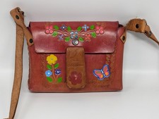 Vintage Mexican Hand Tooled Leather Floral Crossbody Shoulder Bag Purse. Vibrant