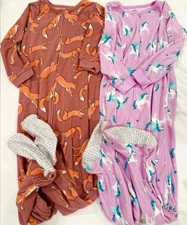 2 lot/bundle CARTER'S footie footed fleece zip pajama sleepwear unicorn girls 7