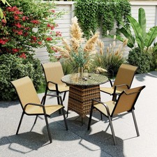 Garden Chair Set 4 Rattan Stacking Steel Frame Powder Coated Rectangular Khaki
