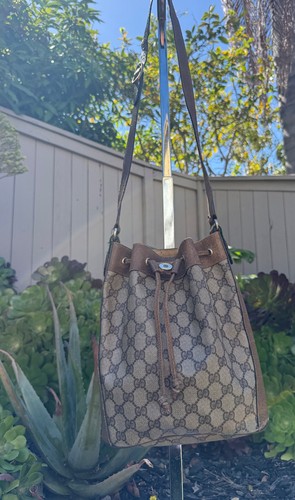 Gucci GG Supreme Beige/Brown Small Drawstring Bucket Bag w/ Shoulder Strap