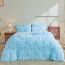 Faux Fur Furry Duvet Cover Set, Elegant Fluffy Plush Blue Duvet Cover 3 Piece...