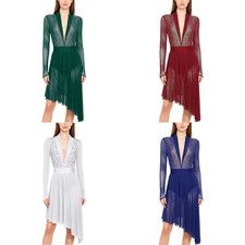 Women Dress Long Sleeve Costume Built-In Crotch Dancewear Ballroom Lyrical Mesh