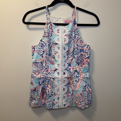 Lily Pulitzer Women s Blue Shell Embroidered Annabelle Halter Tank Top Sz 2