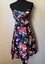 Express Strapless Black Multicolor Floral Belted Pleated A-Line Dress Size 2